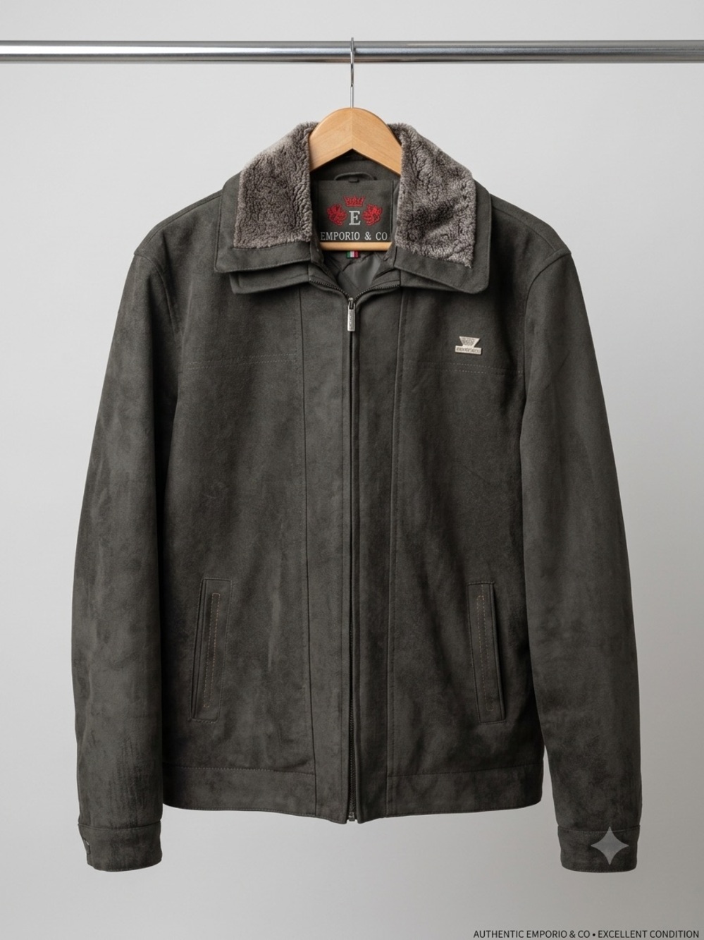 Men’s Dark Gray Faux-Suede Zip Bomber Jacket with Fur Collar